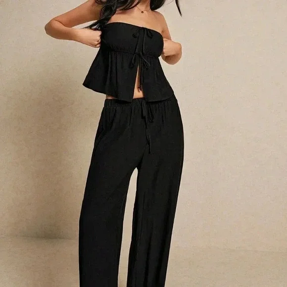 Black Sexy Women's Summer Fashion Linen Crop Top & Wide Leg Trouser Set - Picture 3 of 6